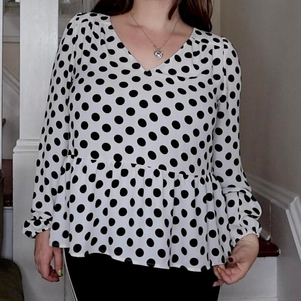 Loft White Black Polka Dot Blouse Ruffle Small Twee Office Peplum Long Sleeve